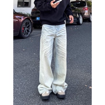 復古淺藍色牛仔褲男秋季新款休閒百搭寬鬆高級感長褲男