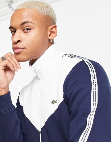 Lacoste tapped logo full zip sweatshirt in colour block navy and white