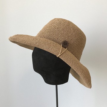 日本設計卷邊扣手工鉤針大沿草帽女夏天沙灘海邊防曬可折疊遮陽帽1入