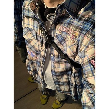 美式複古長袖襯衫男女休閒ins風刺繡小衆設計感格紋寬鬆襯衣外套 5M54