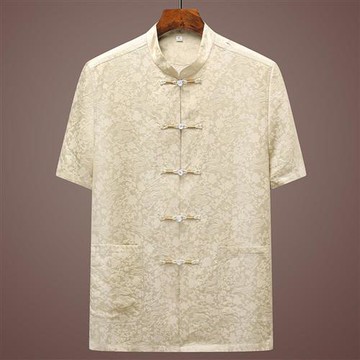 【米蘭精品】唐裝上衣短袖漢服-蠶絲印花中老年寬鬆男外套3色74fo5