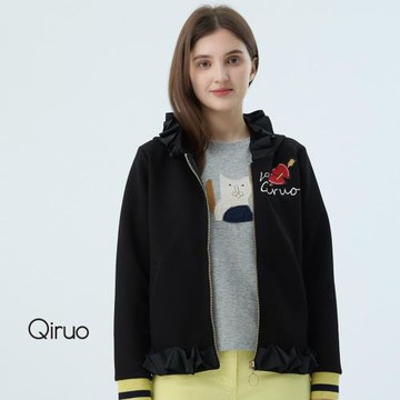 【Qiruo 奇若】秋冬專櫃黑色連帽外套7228E 夾克式拉鍊