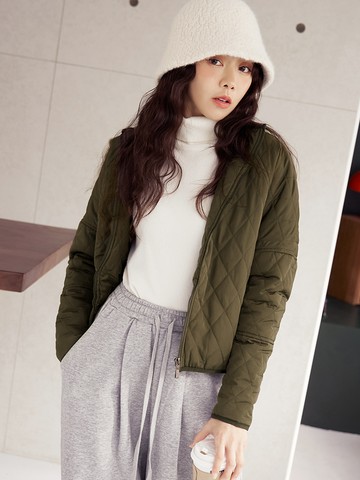 防潑水立領菱格紋鋪棉短版外套