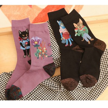 新品配件 / 現貨✨插畫風AB版多款貓咪兔兔中筒襪
