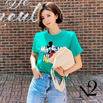 上衣 圓領米老鼠卡通圖案亮色系棉T（綠）N2