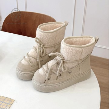 好穿又好看💕厚底 綁帶 雪靴 4.5cm✨ 羊羔毛 厚底 短靴 大尺碼 雪地靴 靴子 C690