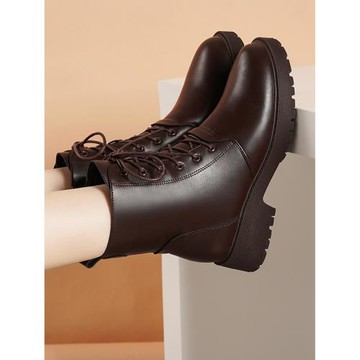 真皮馬丁靴女中跟2025新款棕色短靴英倫風冬季棉靴厚底女靴