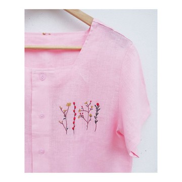 刺繡 | 亞麻 | 粉色方領短袖上衣