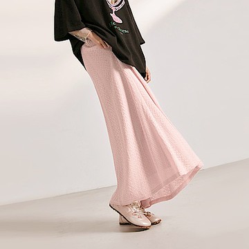 素色毛織紋理腰鬆緊A字長裙-OB大尺碼