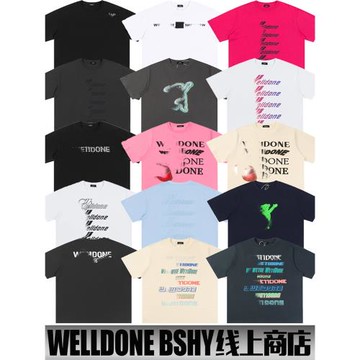 潮牌welldone bshy短袖男女夏季韓珍珠彈幕純棉情侶夏季寬松t恤