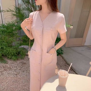 氣質小香風粉紅色連衣裙女裝夏季輕熟風雙口袋粗花呢收腰顯瘦長裙