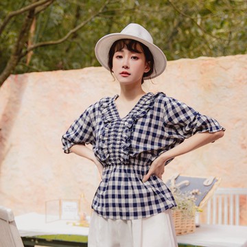 I.REAL-氣質格紋荷葉收腰純棉上衣-適S-L《IR0919》