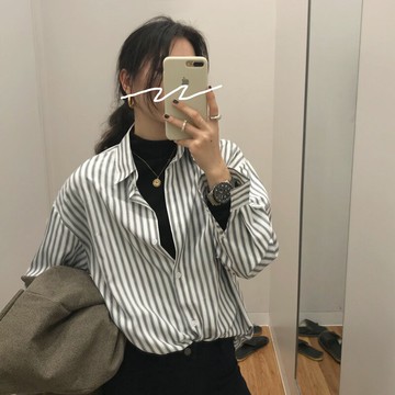 chic寬松條紋中長款襯衣單排扣長袖內搭襯衫女潮1入