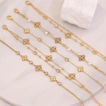【冰萌】跨境粘鉆花朵雙層手鏈仿珍珠手環鈦鋼飾品女批發B620