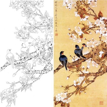 實物參照彩圖 底稿 可上色 列印稿 宣紙 高清工筆工筆國畫花鳥梅鶴圖底稿豎幅臨摹透稿列印稿362