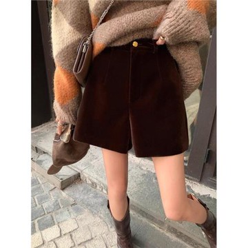 咖色絲絨短褲女春秋冬外穿高腰顯瘦小個子寬松闊腿褲a字打底靴褲