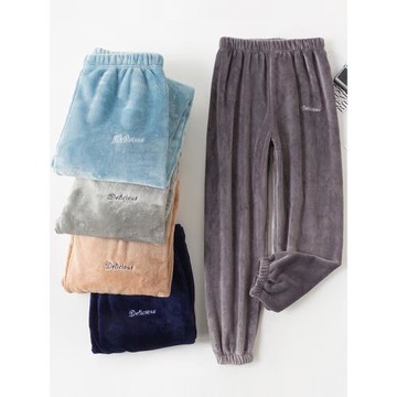 秋冬季束腳睡褲男加絨加厚家居褲法蘭絨褲男款長褲珊瑚絨男士褲子