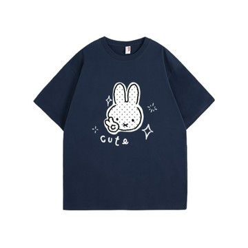 韓系波點比耶小兔印花半袖夏季新款藏青韓版 男女生上衣 印花寬鬆情侶短袖T 上衣女 美式t  韓版T 大學T