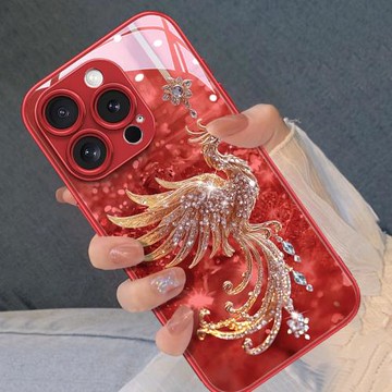 小熊貓安可拉紅鉆石鳳適用蘋果16手機殼iphone16promax新款16pro網紅15中國風14春節15promax吉祥13紅色12閃