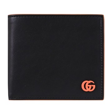 GUCCI GG Marmont 軟質皮革對折零錢短夾.黑/橘