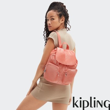 Kipling 華麗粉橘翻蓋雙肩後背包-ANTO S