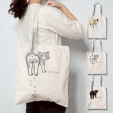 【日本AND PACKABLE】貓蛋蛋托特包 貓咪背影 立體鈴鐺 帆布包 手提袋 購物袋 賓士貓/三花 貓奴必收 交換禮