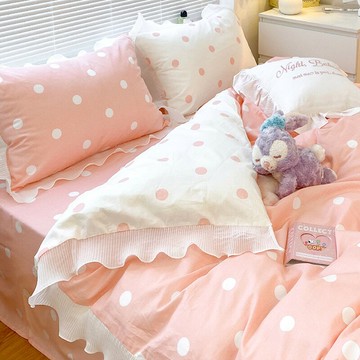 粉色波點仙女床上四件套全棉純棉少女心公主風床單被套床笠三件套