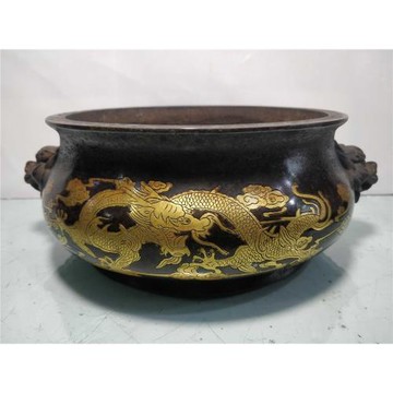 老件紫銅鎏金宣德款高11*28*23公分6.9公斤雙龍富貴香爐擺件