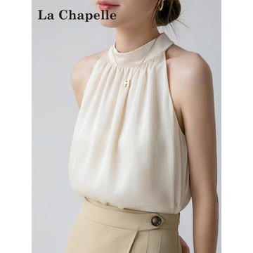 拉夏貝爾法式掛脖無袖吊帶背心女夏季2025新款小個子露背雪紡上衣