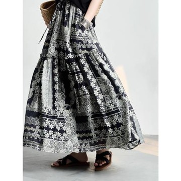 設計復古半身裙2025拼接夏季新款時尚百搭褶皺顯瘦度假長裙女過膝