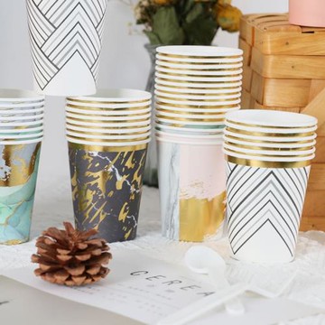 燙金邊一次性紙杯生日party派對野餐郊游紙杯印花紙杯彩色加厚