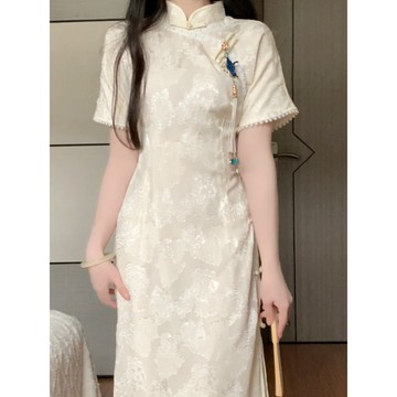 【桃喜Rich女裝】純色提花旗袍短袖 夏季新中式洋裝 漢元素純欲風改良旗袍 復古國風旗袍 高階超氣質中長裙 日常旗袍