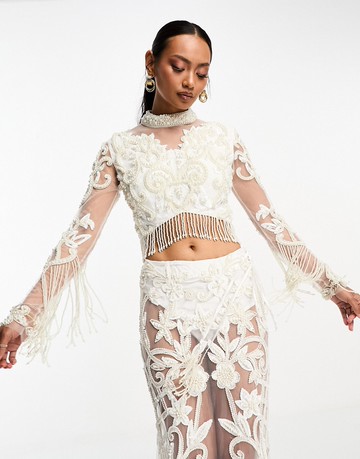 A Star is Born embellished crop top with fringe in white co ord