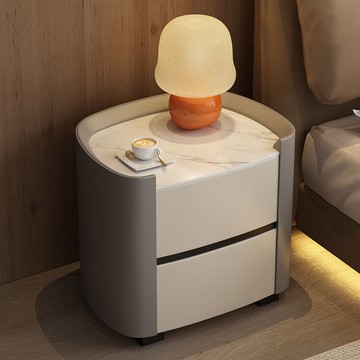 床頭櫃 免安裝現代簡約極簡實木巖板儲物櫃床頭櫃皮質輕奢小型意式床邊櫃S0116快速出貨