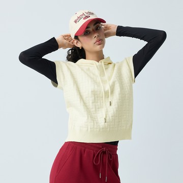 元動力 緹花連帽縲縈短版針織背心(白；S-L)