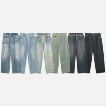 跨境潮牌AC手繪潑墨磨破水洗做舊長褲男女寬松百搭輕奢闊腿牛仔褲鑫弘-衣錦男裝