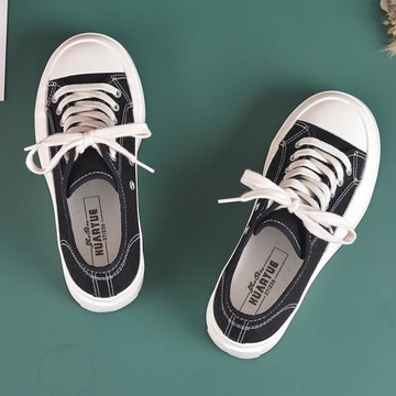 大頭帆布鞋女春季2025新款厚底小黑鞋百搭腳寬腳胖寬頭圓頭大頭鞋