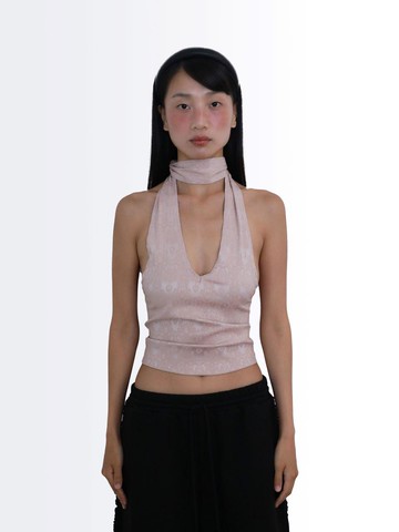 JACQUARD V-NECK HALTER SLEEVELESS TOP [PINK]
