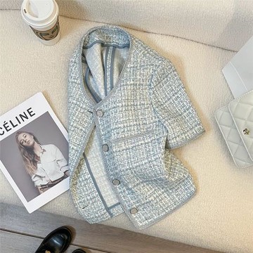 湖藍色短款小香風西裝外套女2025夏季新款小個子氣質百搭短袖上衣