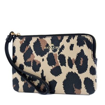 COACH 燙印金字鵝卵石紋皮革手拿包-豹紋