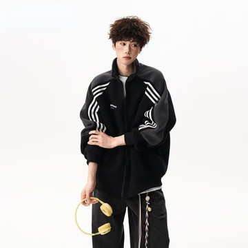 美式插肩三條杠撞色立領休閑夾克外套男女設計感拉鏈衛衣開衫潮