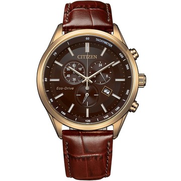 CITIZEN 星辰 亞洲限定款 光動能三眼計時手錶 送禮-咖啡x玫瑰金/42mm AT2573-07X