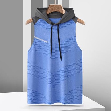 青少年無袖帶帽連帽冰絲速干衣男士夏季戶外跑步運動健身背心T恤