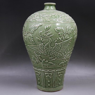 明龍泉窯浮雕鳳凰牡丹梅瓶仿古老貨家居裝飾瓷器擺件古董古玩收藏1入