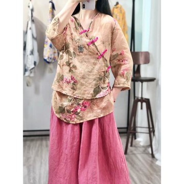 洛云謠原創寬松撞色斜襟苧麻文藝