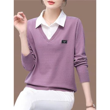 假兩件上衣女春秋款高級感超好看毛衣時尚洋氣減齡襯衫領針織衫女