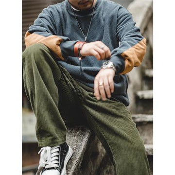 馬登工裝美式復古拼接衛衣搖粒絨春撞色寬松外套上衣落肩袖男頭