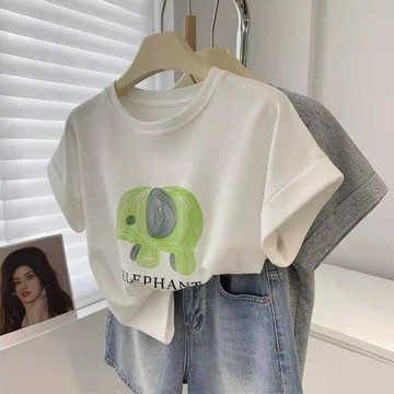 🚀台灣出貨+虧本衝評🚀日本🇯🇵 大象印花卷邊短袖T恤女夏季2026新款圓領寬松休閑顯瘦小飛袖上衣