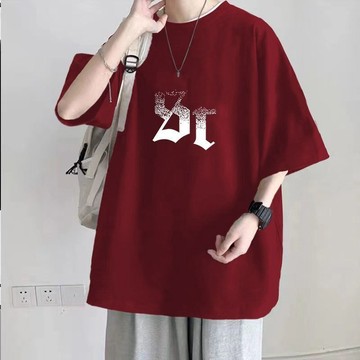 酒紅純棉短袖T恤男款個性潮流風寬鬆顯白青少年聚會炸街穿搭上衣