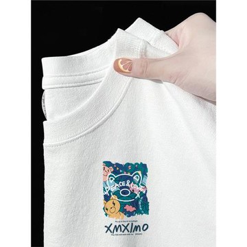 245G重磅純棉長袖T恤女秋季卡通小熊印花寬松衛衣白色疊穿打底衫